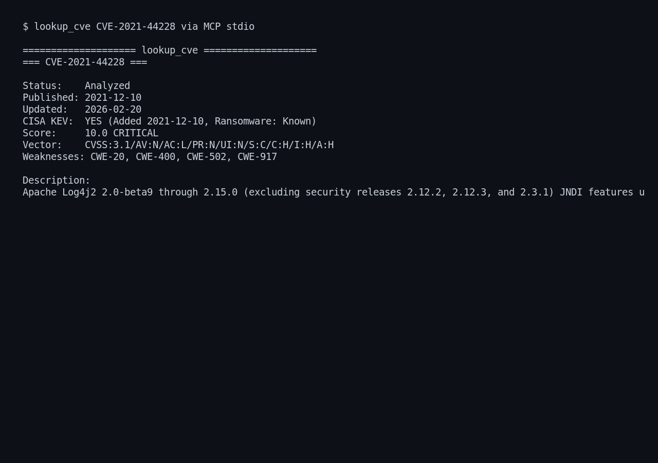 interface de CVE MCP Server montrant lookup_cve sur CVE-2021-44228