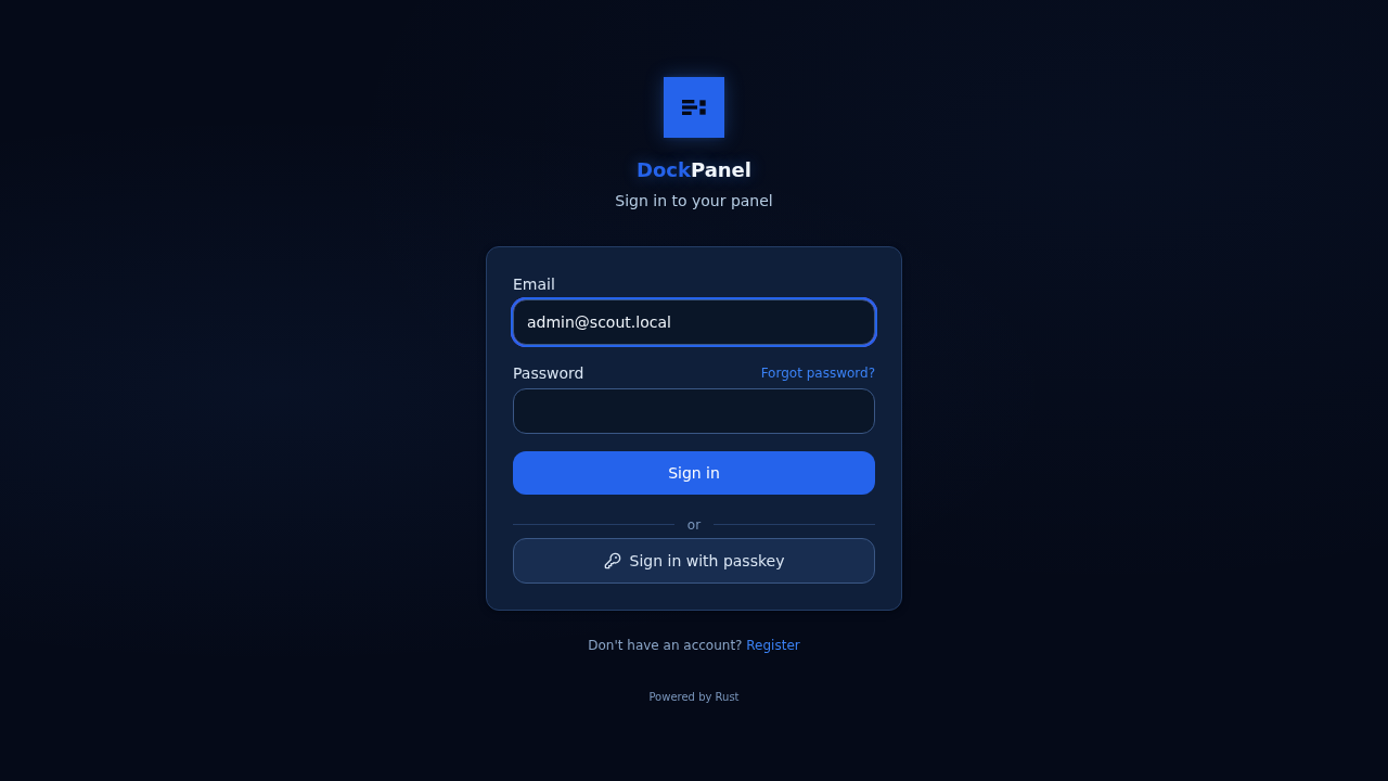 DockPanel interface showing the administrator login screen