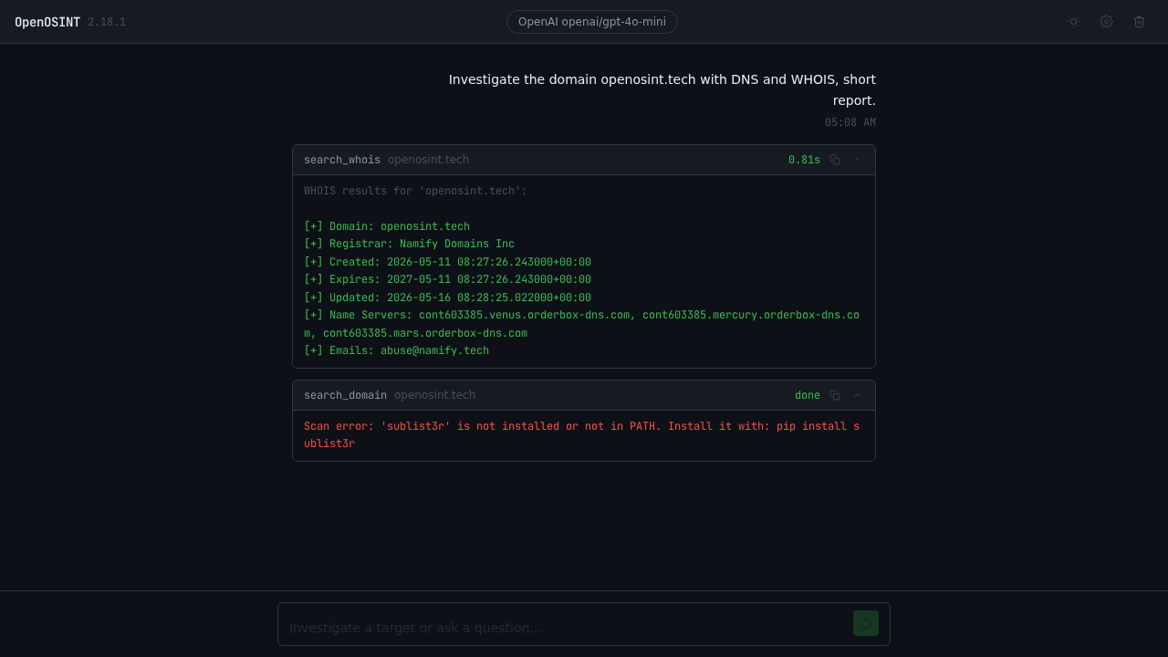 interface de OpenOSINT montrant une investigation web sur openosint.tech et des cartes d'outils