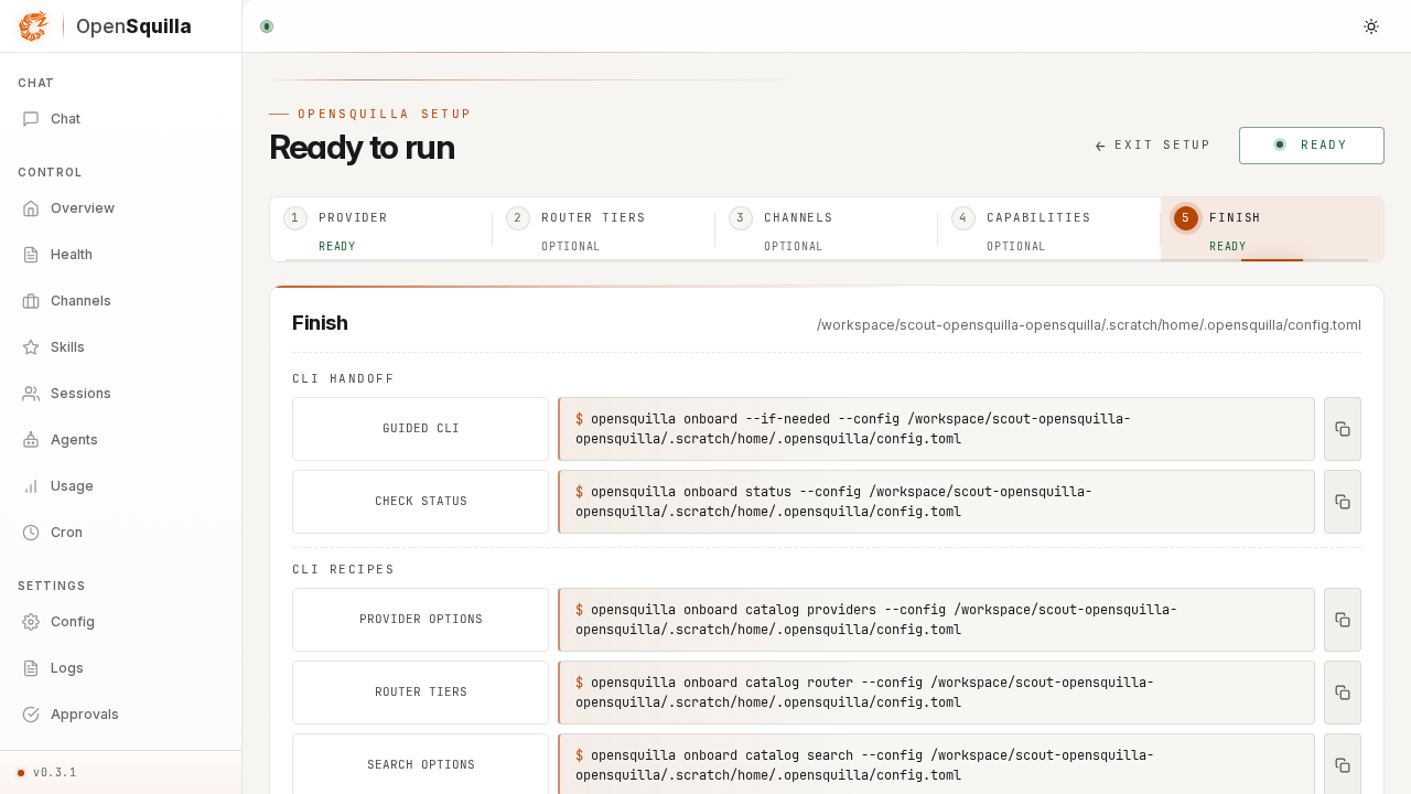 interface de OpenSquilla Control montrant la page de setup locale