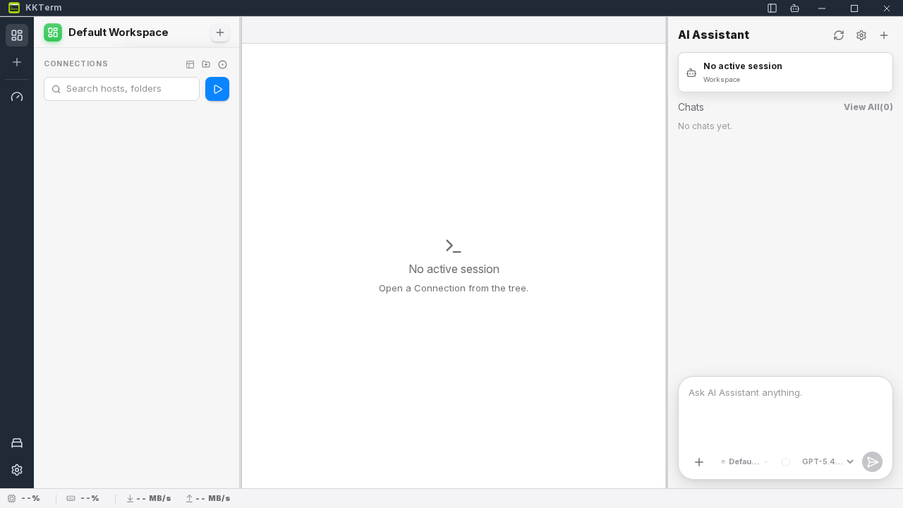interface de KKTerm montrant le menu de création de connexion avec SSH, RDP, VNC et FTP