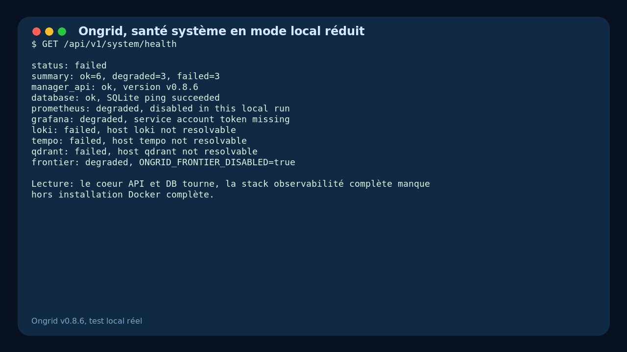 Ongrid interface showing system health with API and database OK but observability missing