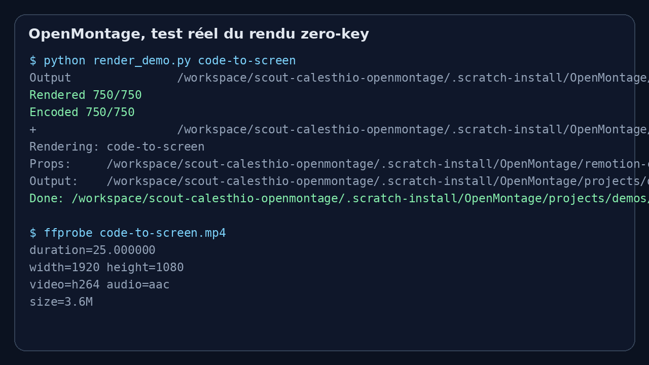sortie CLI de OpenMontage montrant le rendu code-to-screen terminé