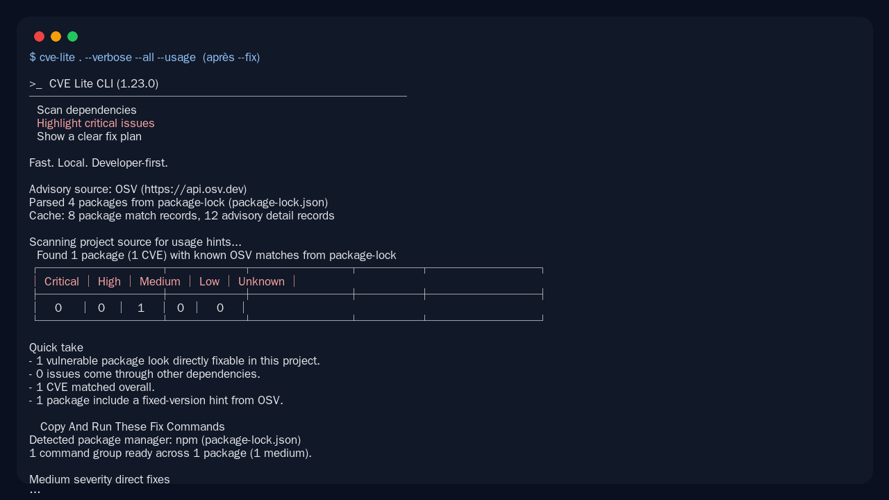 interface de CVE Lite CLI montrant le scan après correction avec une vulnérabilité moyenne restante