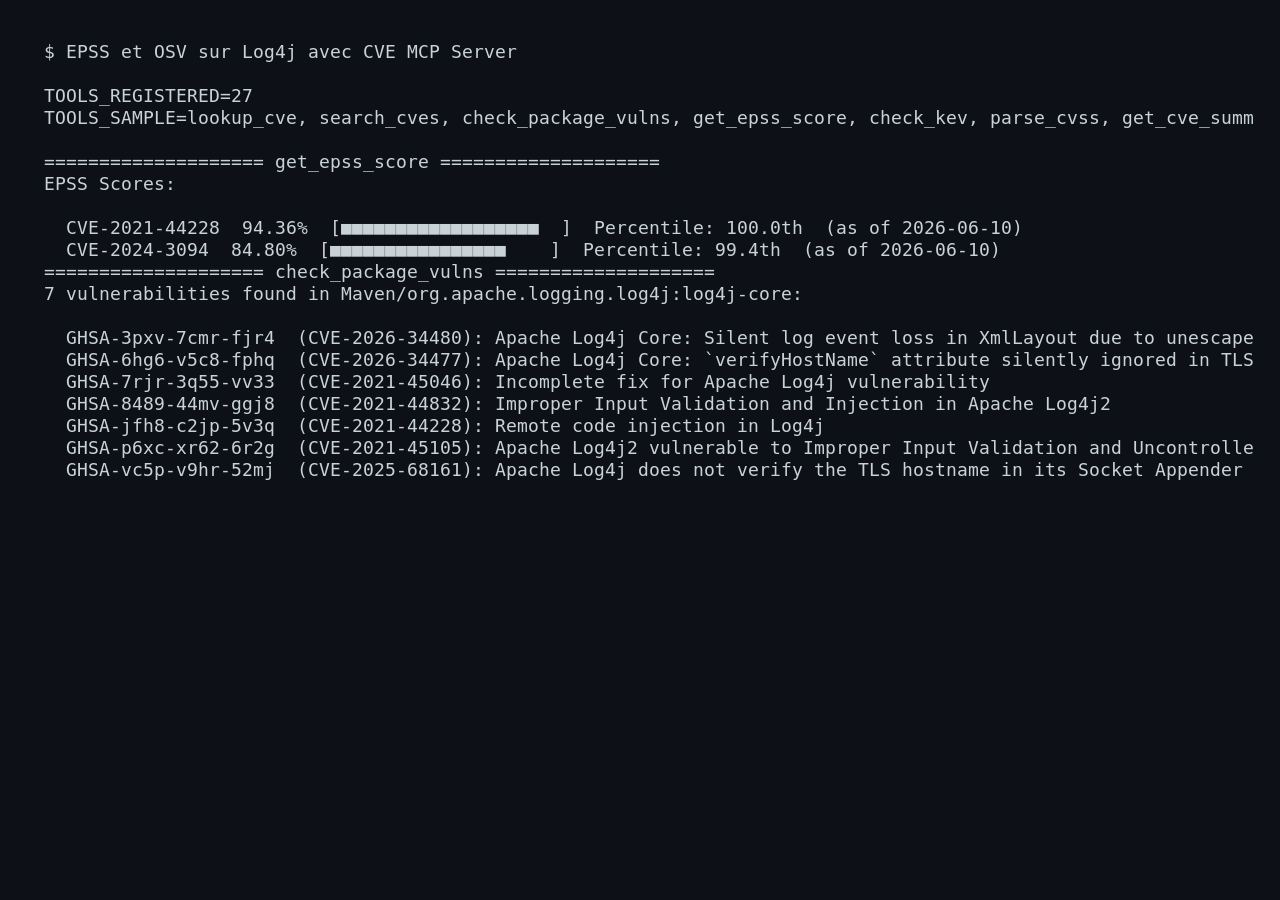 interface de CVE MCP Server montrant EPSS et OSV sur Log4j