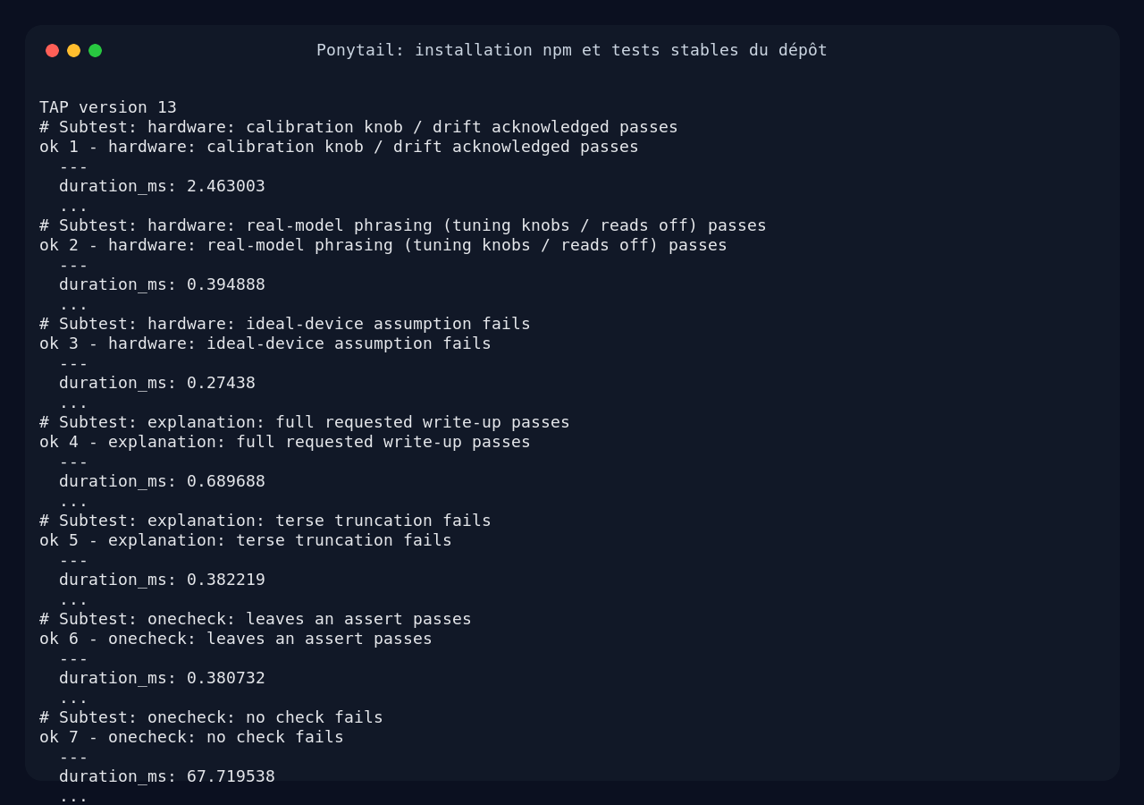 Ponytail interface showing Node test results from the repo with 19 passes