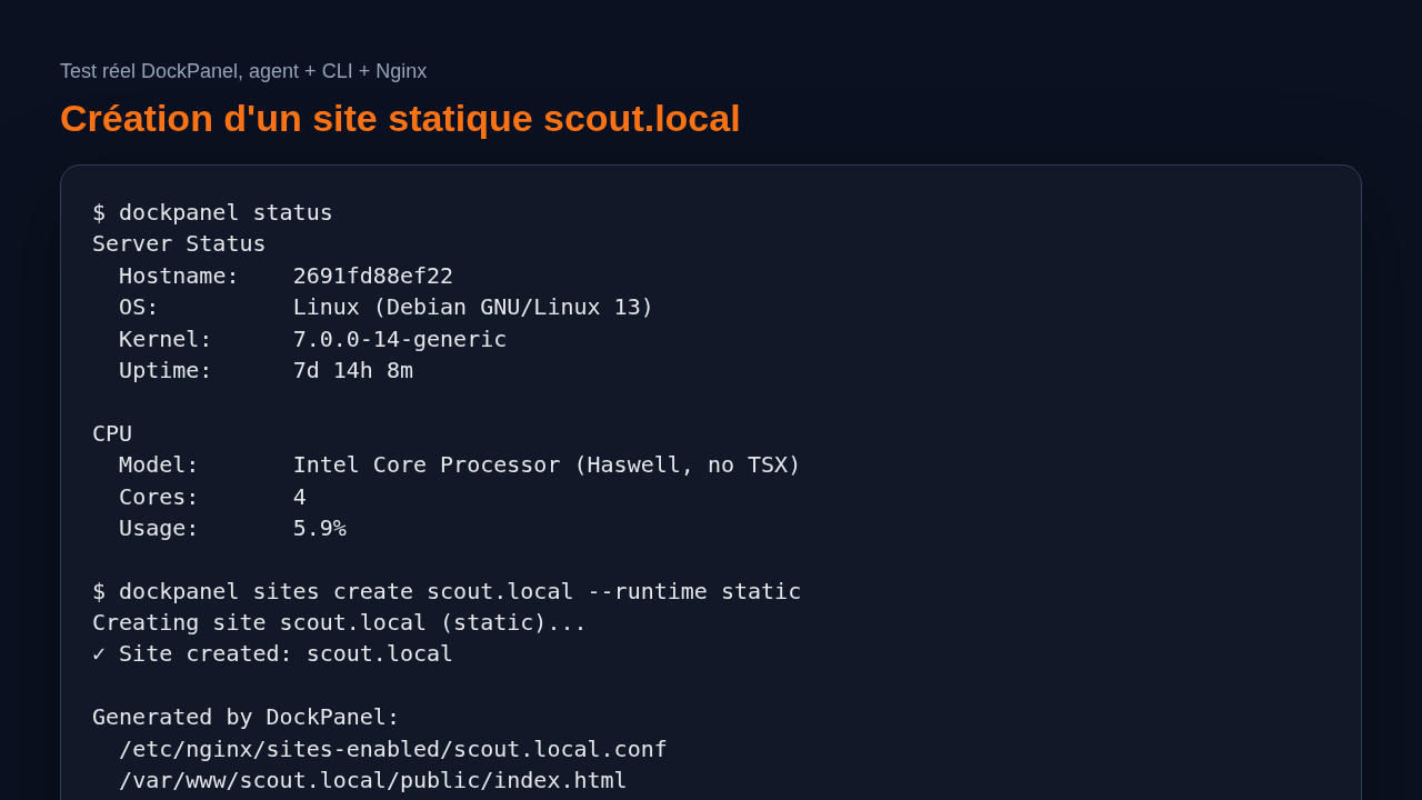 DockPanel CLI interface showing server status and scout.local site creation