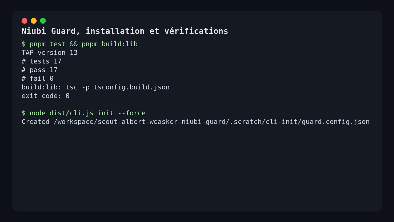 Niubi Guard output showing passing tests and successful CLI initialization