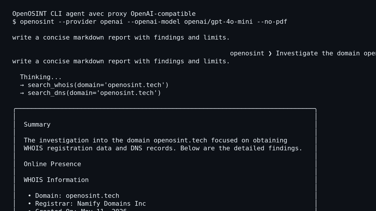 sortie CLI de OpenOSINT montrant le REPL IA, les appels WHOIS et DNS, puis le rapport