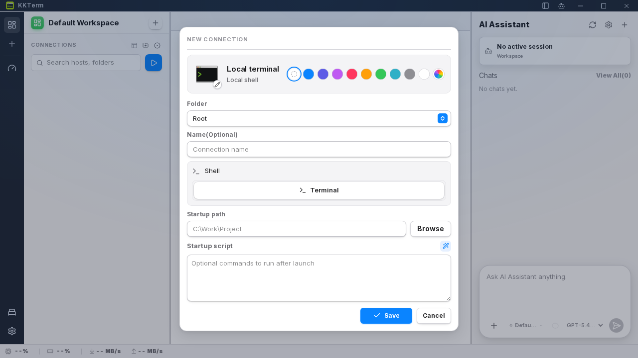 interface de KKTerm montrant le formulaire de terminal local avec shell et script de démarrage