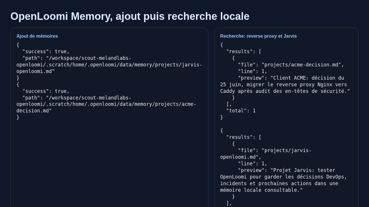 interface de OpenLoomi Memory montrant l'ajout et la recherche de notes locales