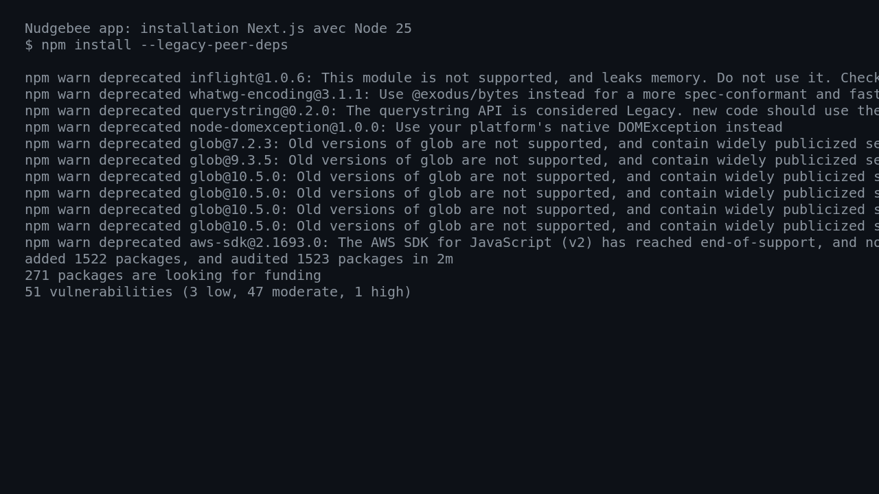 Nudgebee interface showing the frontend installation with npm