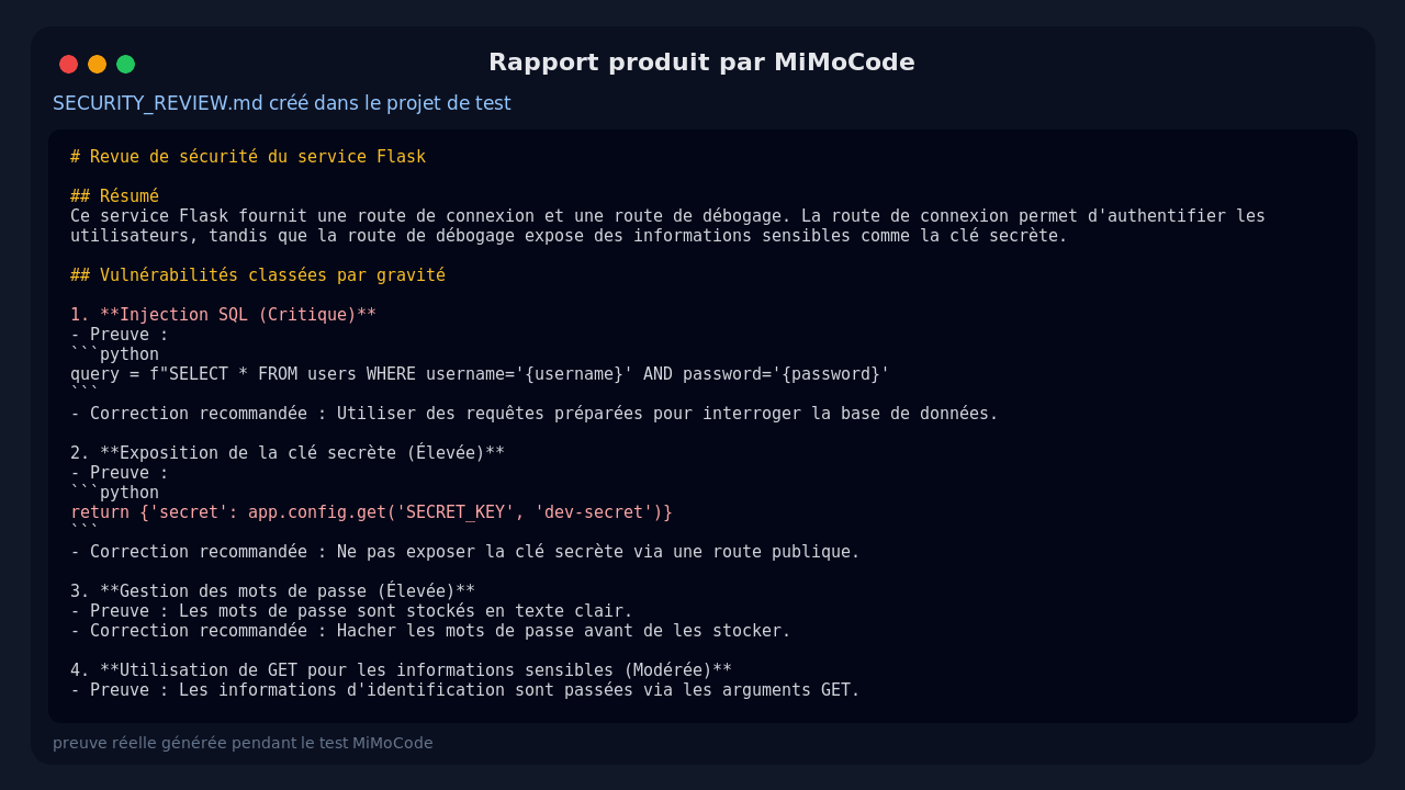 interface de MiMoCode montrant le rapport SECURITY_REVIEW.md généré