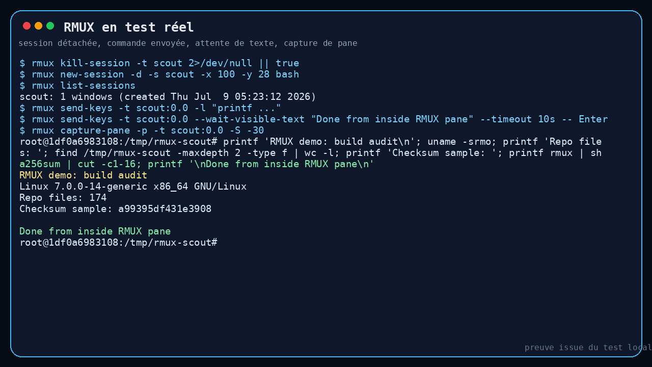 interface de RMUX montrant une session détachée, une commande envoyée et une capture de pane